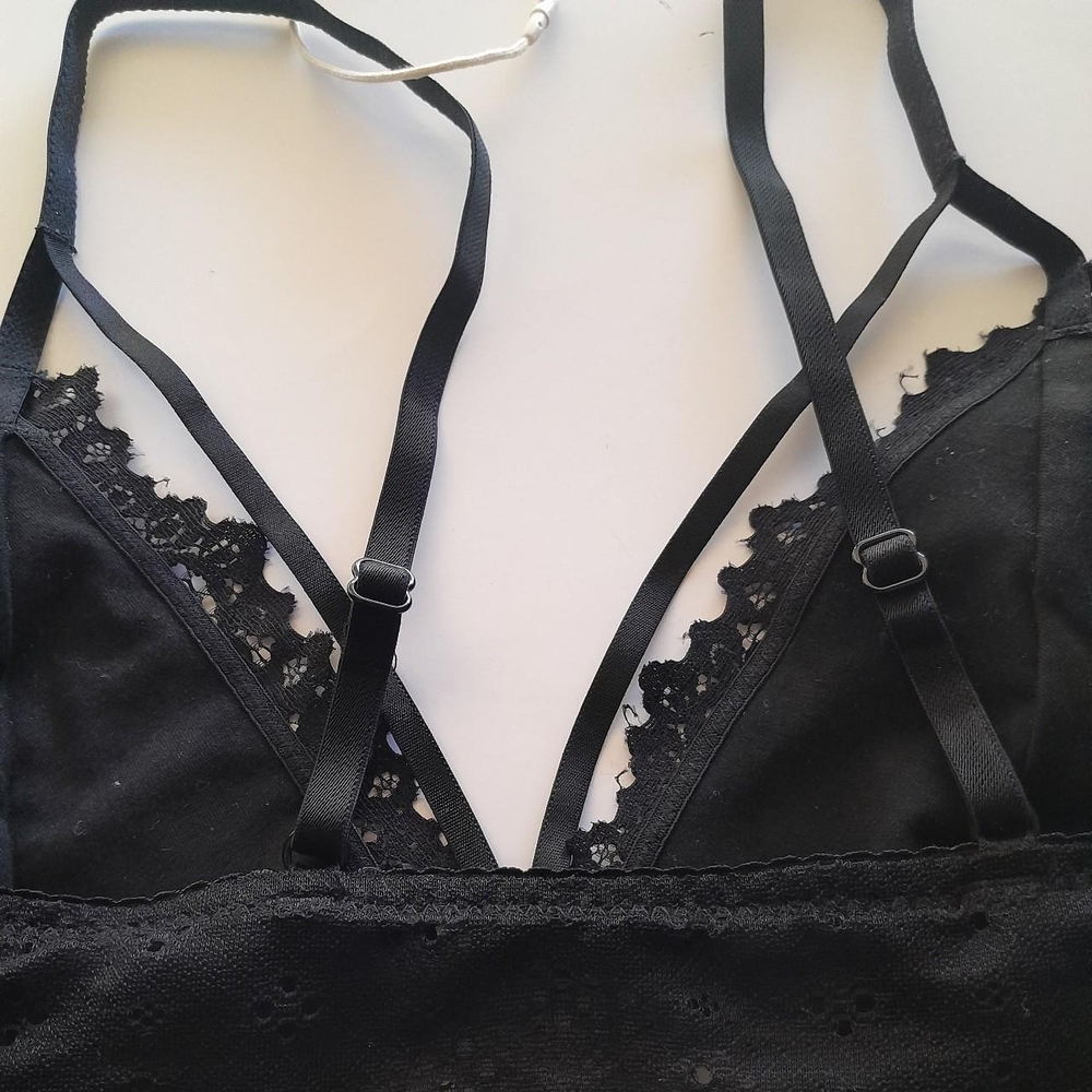 Floral Lace Strappy Caged Bralette Black Sheer Longline Crop Bra Size S - Picture 5 of 8